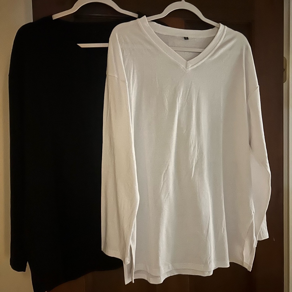 Basic V-Neck Long Sleeve Tops - White & Black